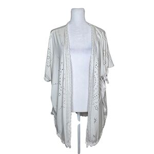 CATO womens Ivory Eyelet Open Front Kimono Boho Style Short Sleeve Size XL